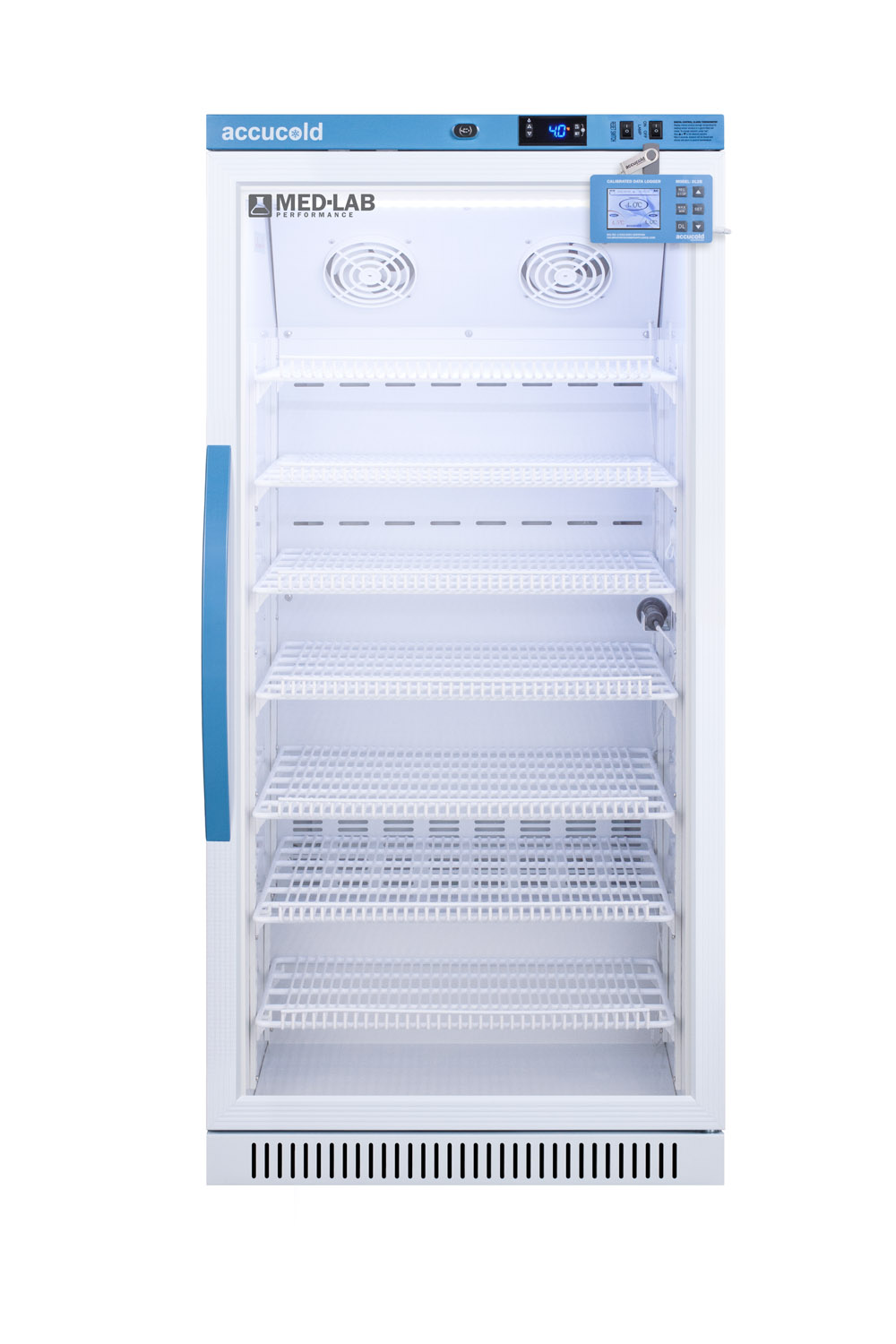 Performance series Med-Lab 8 cu.ft. upright glass door all-refrigerator for laboratory storage with factory-installed data logger, antimicrobial silve-ion handle, and hospital grade cord with 'green dot' plug